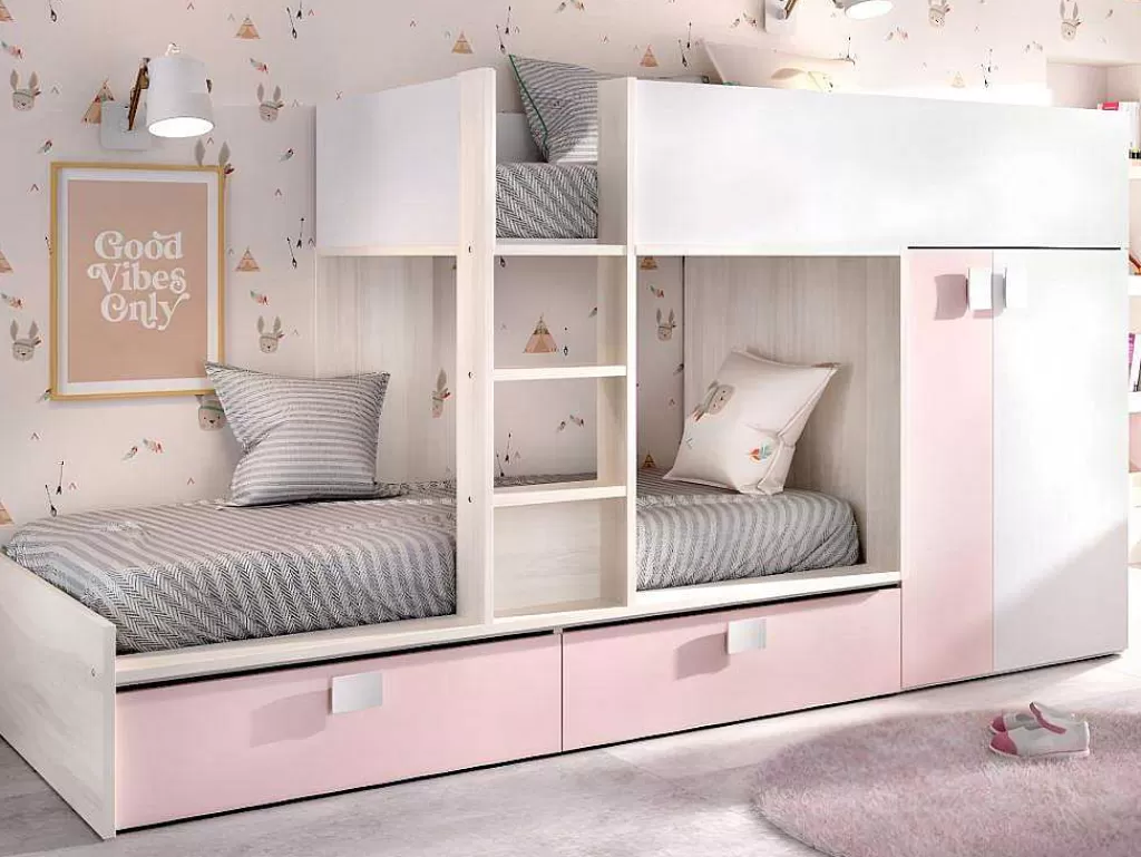 Beliche*Vente-unique Beliche Com Armário Integrado De 2 X 90 X 190 Cm Cor Branco, Natural E Cor-De-Rosa + Colchão - Juanito
