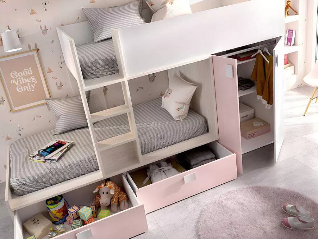 Beliche*Vente-unique Beliche Com Armário Integrado De 2 X 90 X 190 Cm Cor Branco, Natural E Cor-De-Rosa + Colchão - Juanito