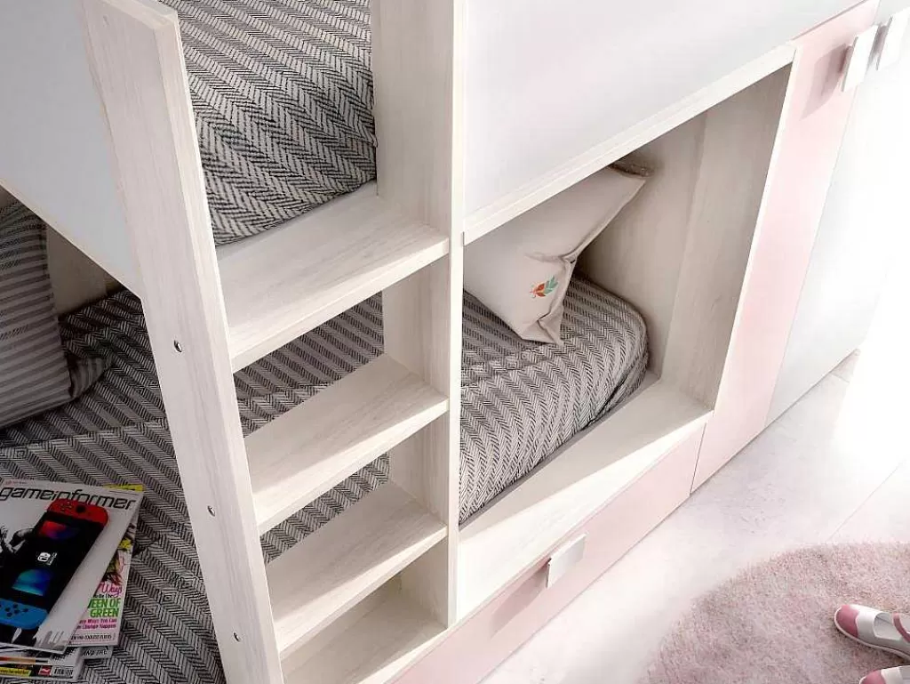 Beliche*Vente-unique Beliche Com Armário Integrado De 2 X 90 X 190 Cm Cor Branco, Natural E Cor-De-Rosa + Colchão - Juanito