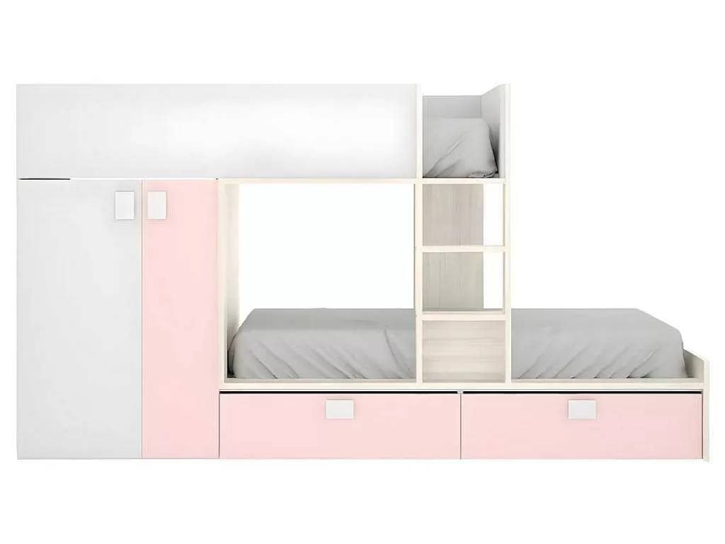 Beliche*Vente-unique Beliche Com Armário Integrado De 2 X 90 X 190 Cm Cor Branco, Natural E Cor-De-Rosa + Colchão - Juanito