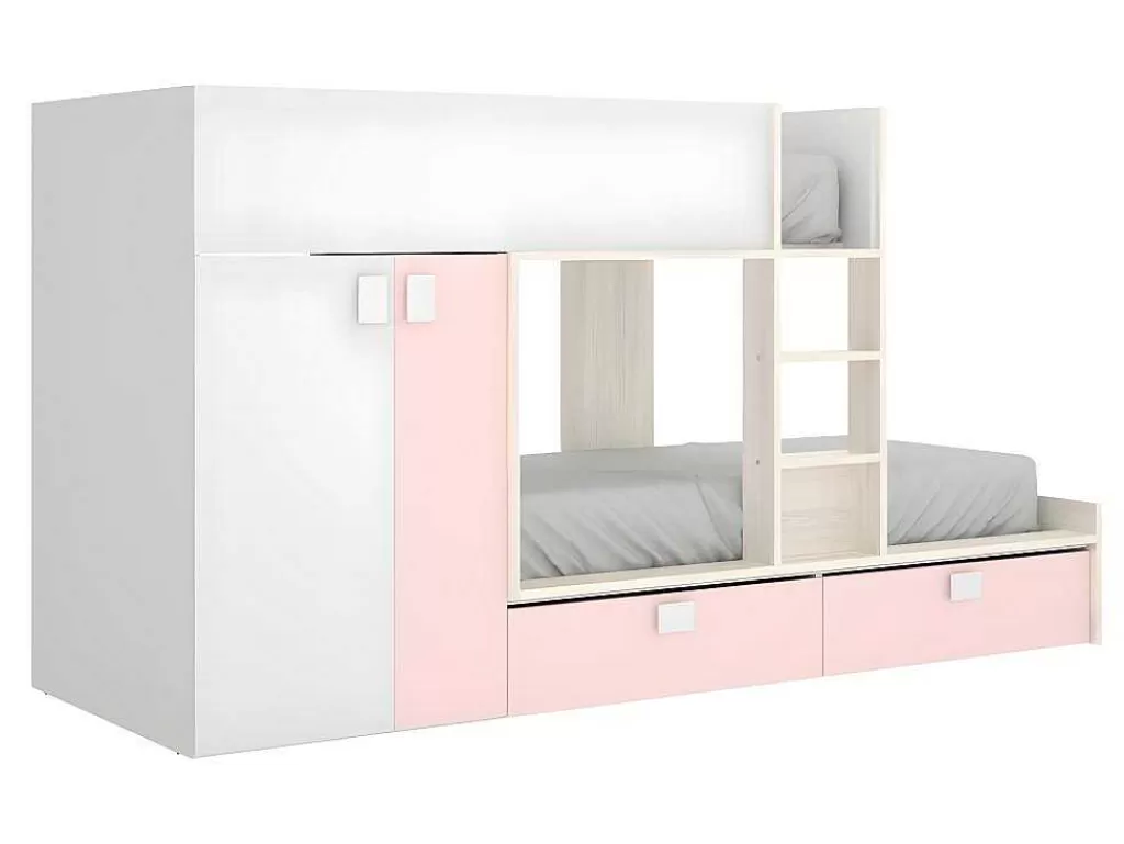 Beliche*Vente-unique Beliche Com Armário Integrado De 2 X 90 X 190 Cm Cor Branco, Natural E Cor-De-Rosa + Colchão - Juanito