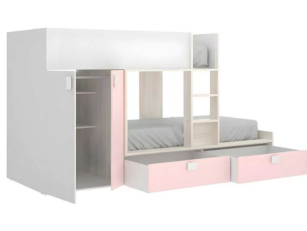 Beliche*Vente-unique Beliche Com Armário Integrado De 2 X 90 X 190 Cm Cor Branco, Natural E Cor-De-Rosa + Colchão - Juanito