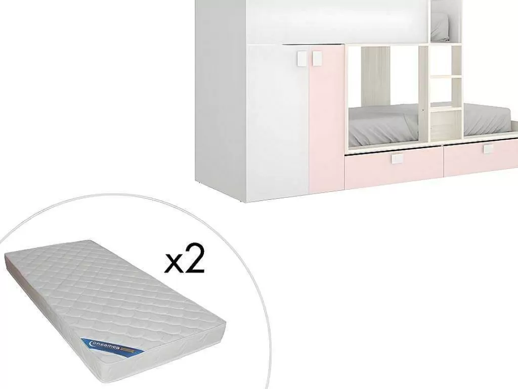 Beliche*Vente-unique Beliche Com Armário Integrado De 2 X 90 X 190 Cm Cor Branco, Natural E Cor-De-Rosa + Colchão - Juanito