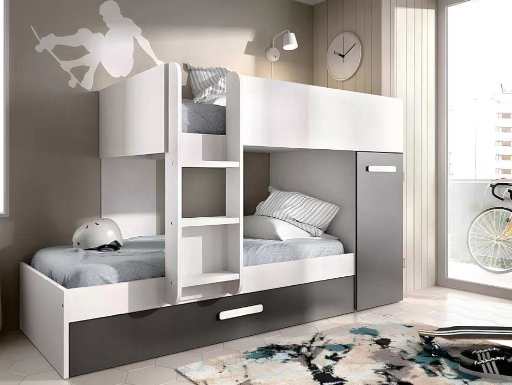 Beliche*Vente-unique Beliche Com Gaveta Cama Dupla E Com Espacos De Arrumação 3X90X190 Cm Cor Antracite E Branco - Anthony