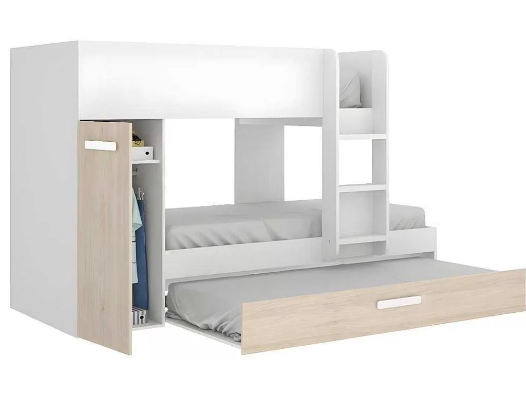 Cama De Criança*Vente-unique Beliche Com Gaveta Cama Dupla E Com Espacos De Arrumação 3X90X190 Cm Cor Branco E Natural - Anthony