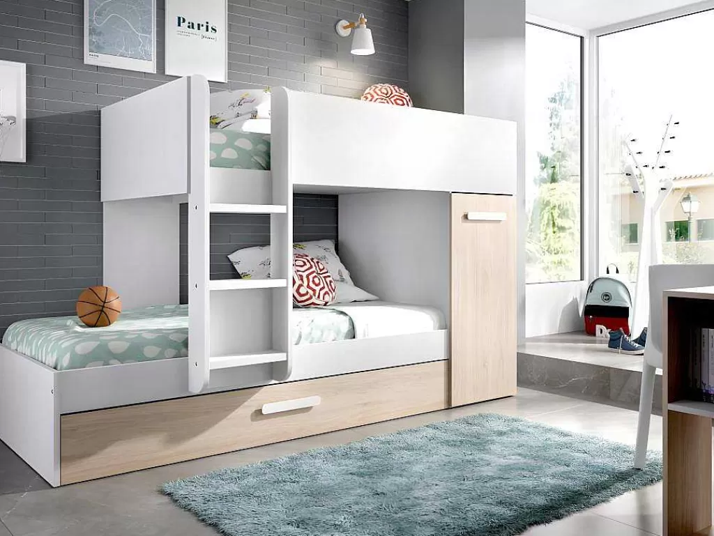 Cama De Criança*Vente-unique Beliche Com Gaveta Cama Dupla E Com Espacos De Arrumação 3X90X190 Cm Cor Branco E Natural + Colchões - Anthony