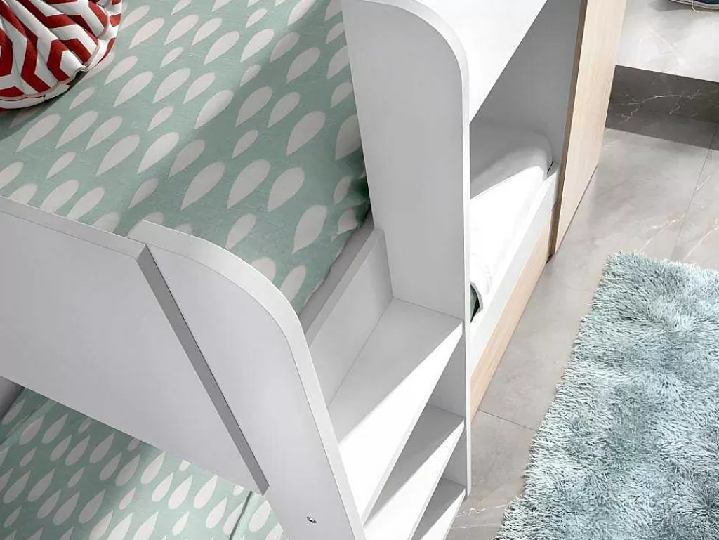 Cama De Criança*Vente-unique Beliche Com Gaveta Cama Dupla E Com Espacos De Arrumação 3X90X190 Cm Cor Branco E Natural + Colchões - Anthony