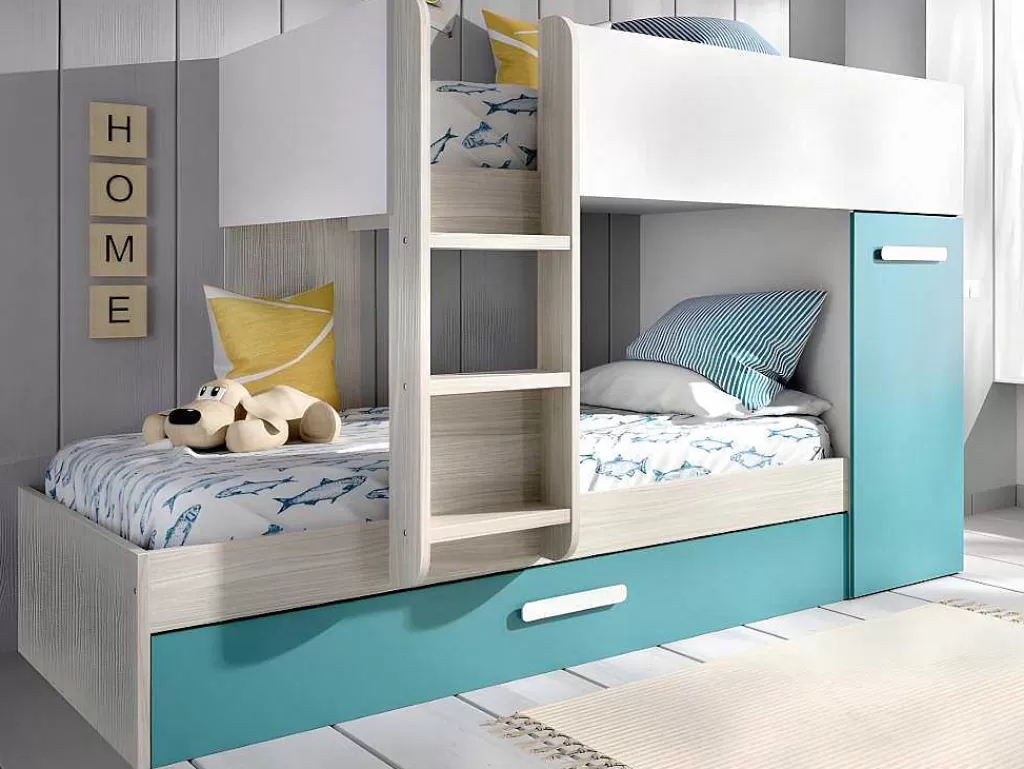 Beliche*Vente-unique Beliche Com Gaveta Cama Dupla E Com Espacos De Arrumação 3X90X190 Cm Cor Branco, Natural E Azul + Colchões - Anthony