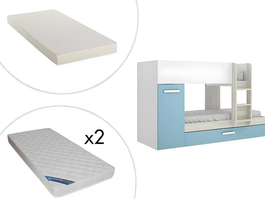Beliche*Vente-unique Beliche Com Gaveta Cama Dupla E Com Espacos De Arrumação 3X90X190 Cm Cor Branco, Natural E Azul + Colchões - Anthony