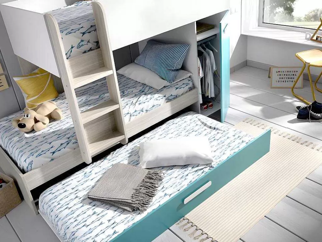 Beliche*Vente-unique Beliche Com Gaveta Cama Dupla E Com Espacos De Arrumação 3X90X190 Cm Cor Branco, Natural E Azul + Colchões - Anthony