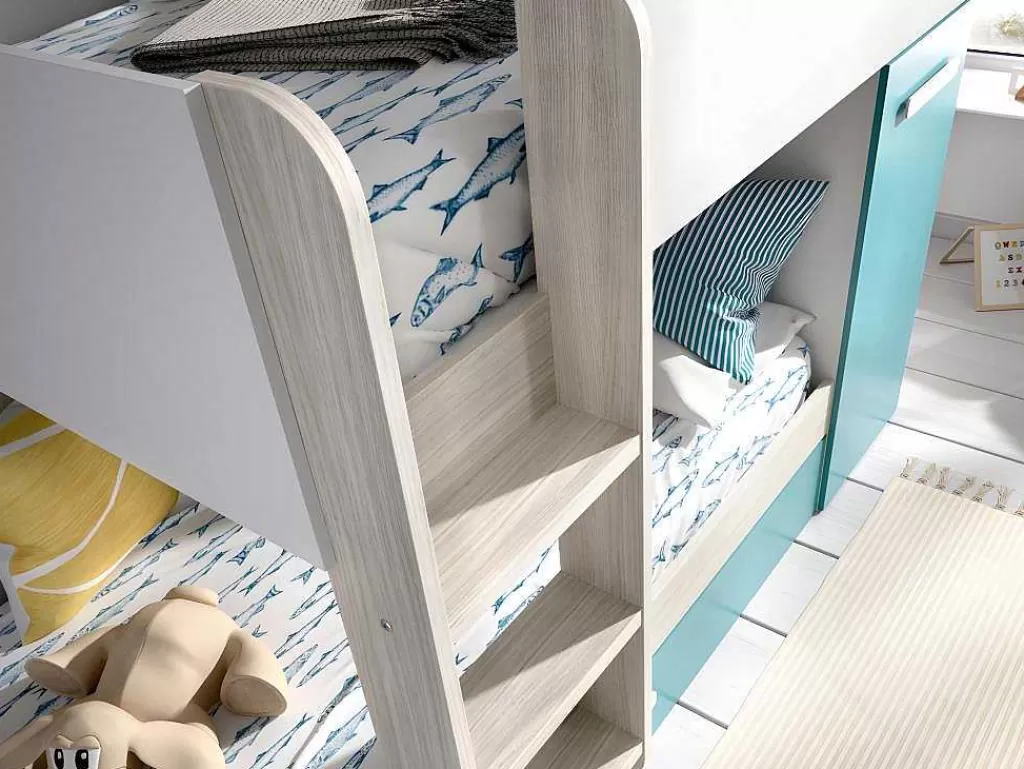 Beliche*Vente-unique Beliche Com Gaveta Cama Dupla E Com Espacos De Arrumação 3X90X190 Cm Cor Branco, Natural E Azul + Colchões - Anthony