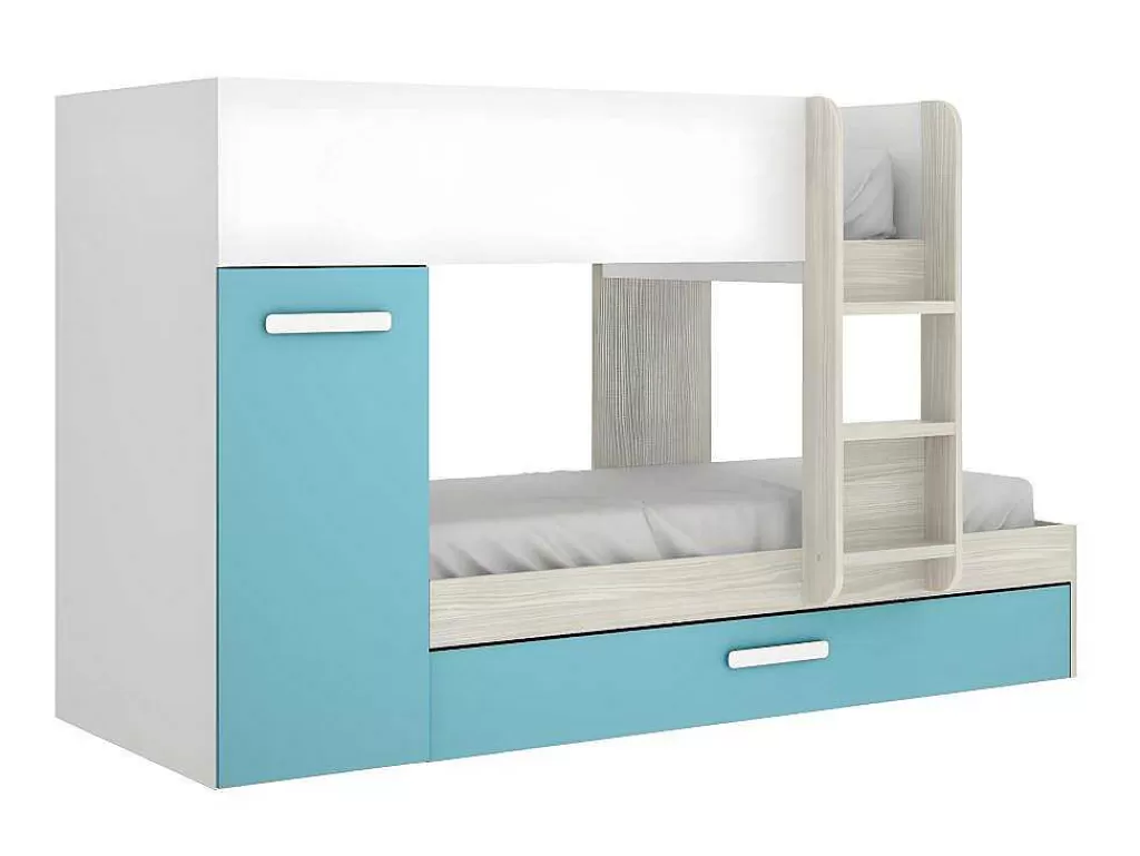 Beliche*Vente-unique Beliche Com Gaveta Cama Dupla E Com Espacos De Arrumação 3X90X190 Cm Cor Branco, Natural E Azul + Colchões - Anthony