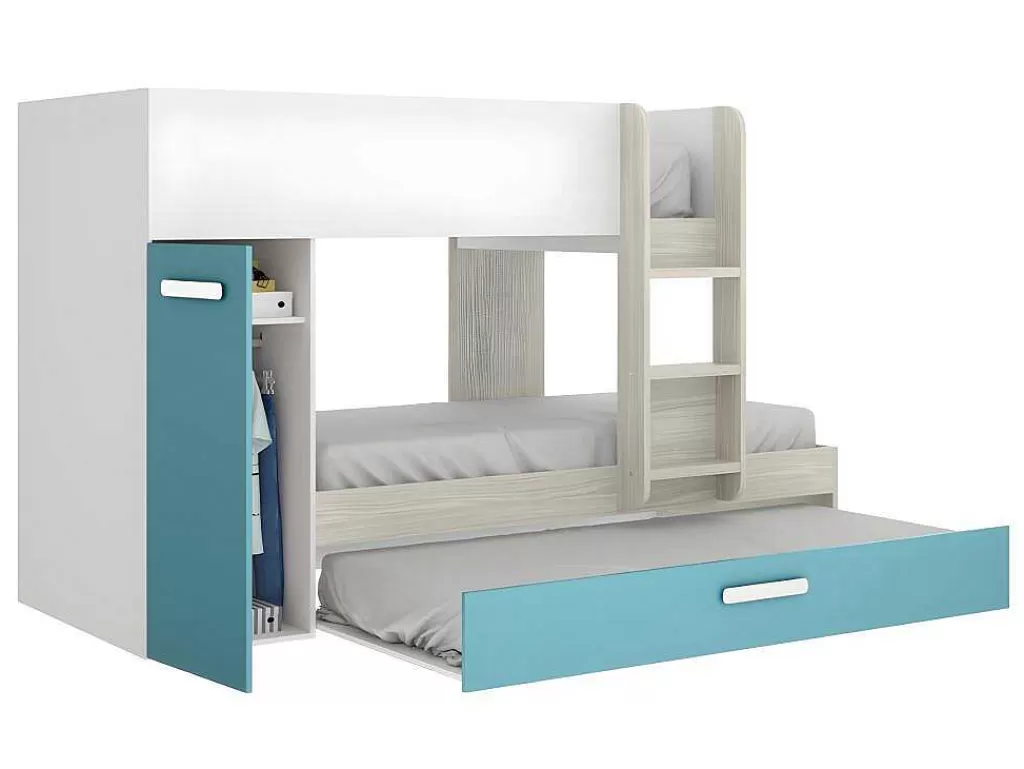 Beliche*Vente-unique Beliche Com Gaveta Cama Dupla E Com Espacos De Arrumação 3X90X190 Cm Cor Branco, Natural E Azul + Colchões - Anthony