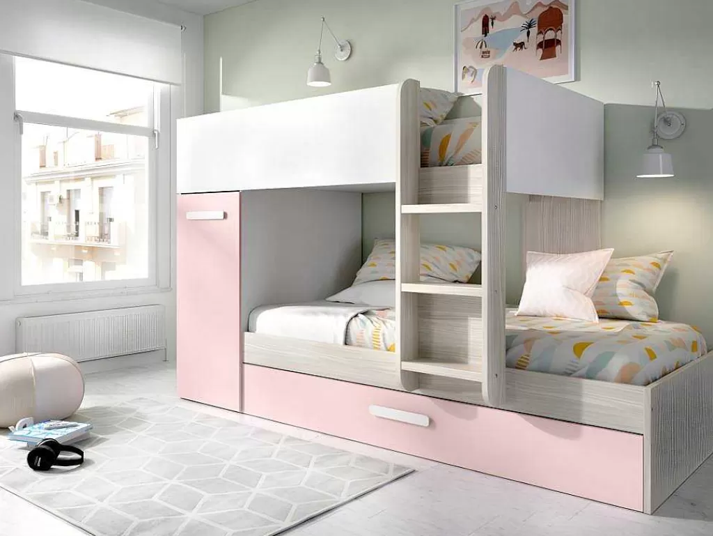 Beliche*Vente-unique Beliche Com Gaveta Cama Dupla E Com Espacos De Arrumação 3X90X190 Cm Cor Branco, Natural E Rosa + Colchões - Anthony