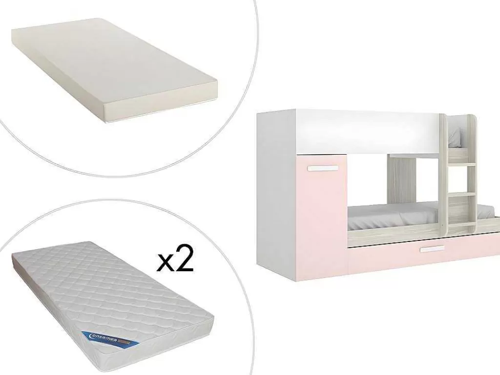 Beliche*Vente-unique Beliche Com Gaveta Cama Dupla E Com Espacos De Arrumação 3X90X190 Cm Cor Branco, Natural E Rosa + Colchões - Anthony