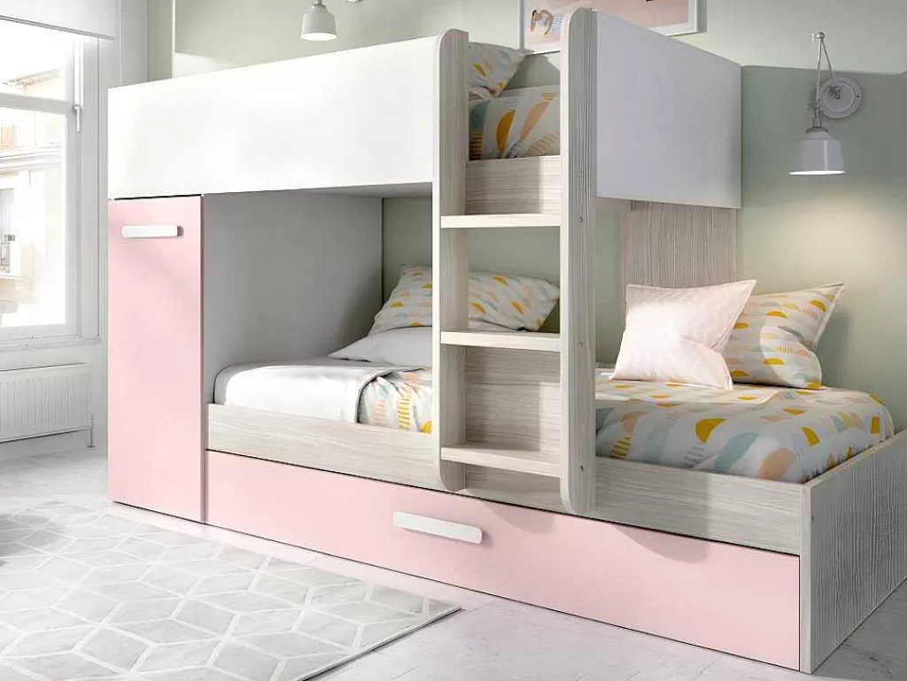 Beliche*Vente-unique Beliche Com Gaveta Cama Dupla E Com Espacos De Arrumação 3X90X190 Cm Cor Branco, Natural E Rosa + Colchões - Anthony