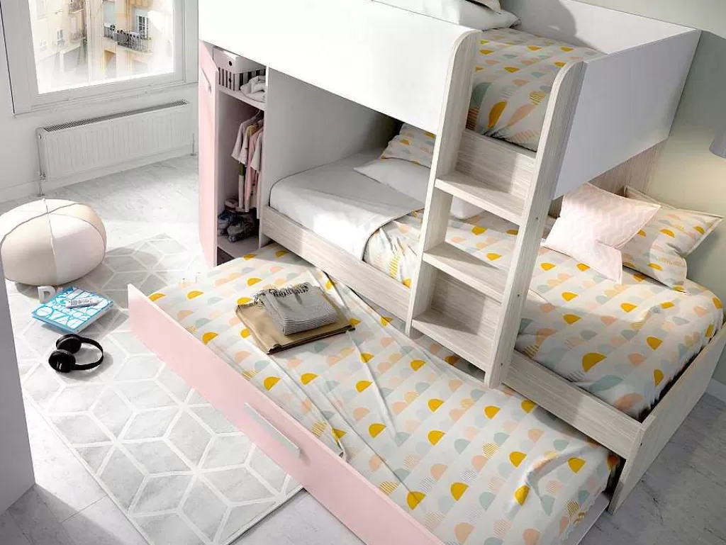 Beliche*Vente-unique Beliche Com Gaveta Cama Dupla E Com Espacos De Arrumação 3X90X190 Cm Cor Branco, Natural E Rosa + Colchões - Anthony