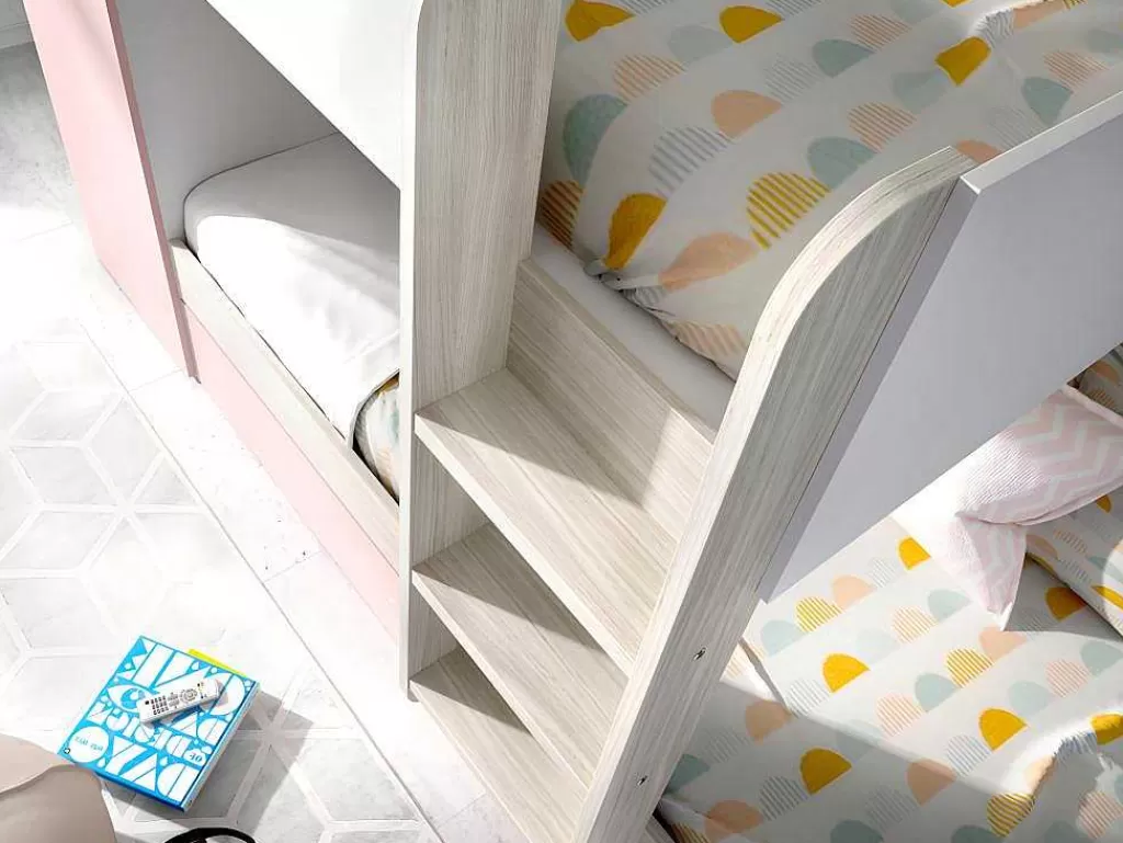 Beliche*Vente-unique Beliche Com Gaveta Cama Dupla E Com Espacos De Arrumação 3X90X190 Cm Cor Branco, Natural E Rosa + Colchões - Anthony