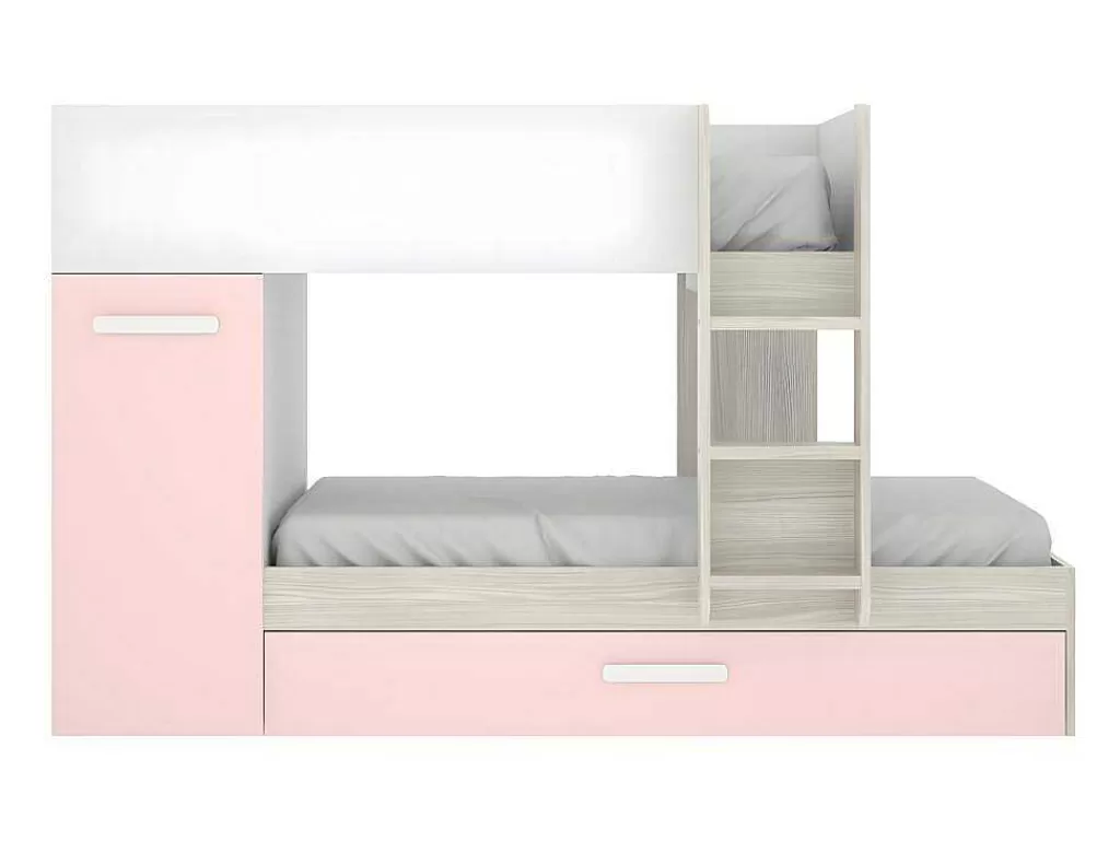 Beliche*Vente-unique Beliche Com Gaveta Cama Dupla E Com Espacos De Arrumação 3X90X190 Cm Cor Branco, Natural E Rosa + Colchões - Anthony