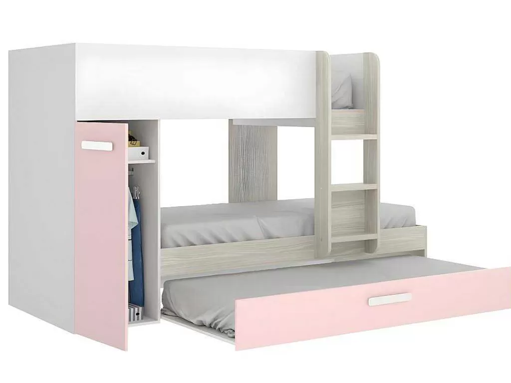 Beliche*Vente-unique Beliche Com Gaveta Cama Dupla E Com Espacos De Arrumação 3X90X190 Cm Cor Branco, Natural E Rosa + Colchões - Anthony