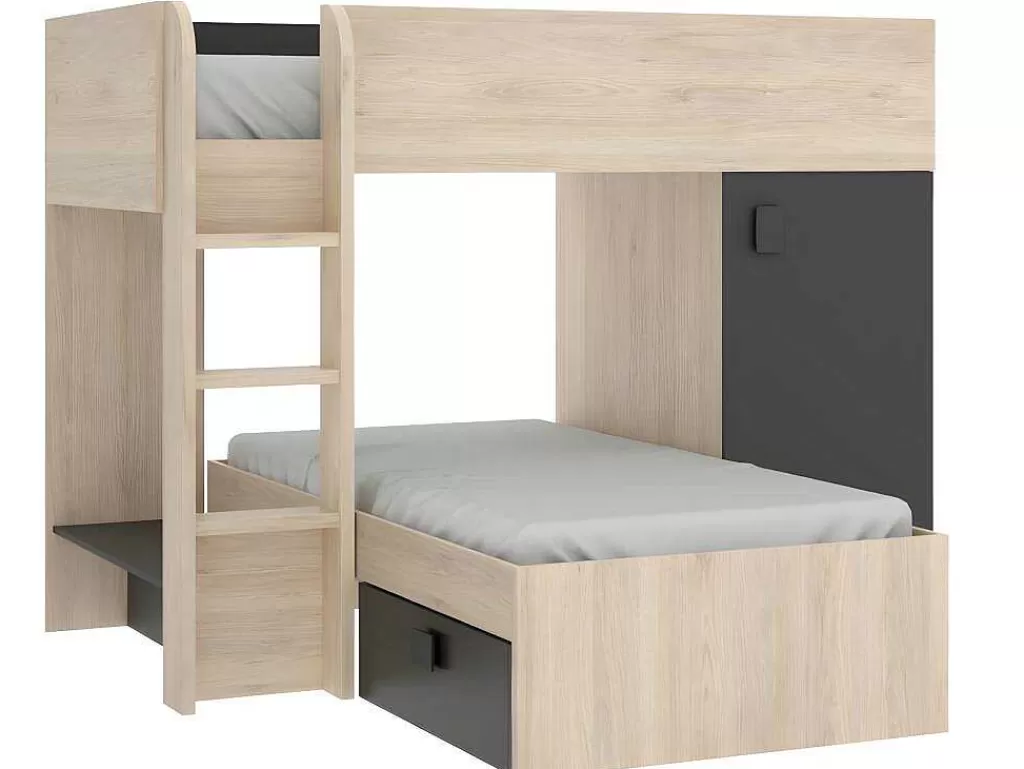 Beliche*Vente-unique Beliche Reversivel De 2 X 90 X 190 Cm Com Espacos De Arrumação Integrados Cor Carvalho E Antracite + Colchão - Ricardo