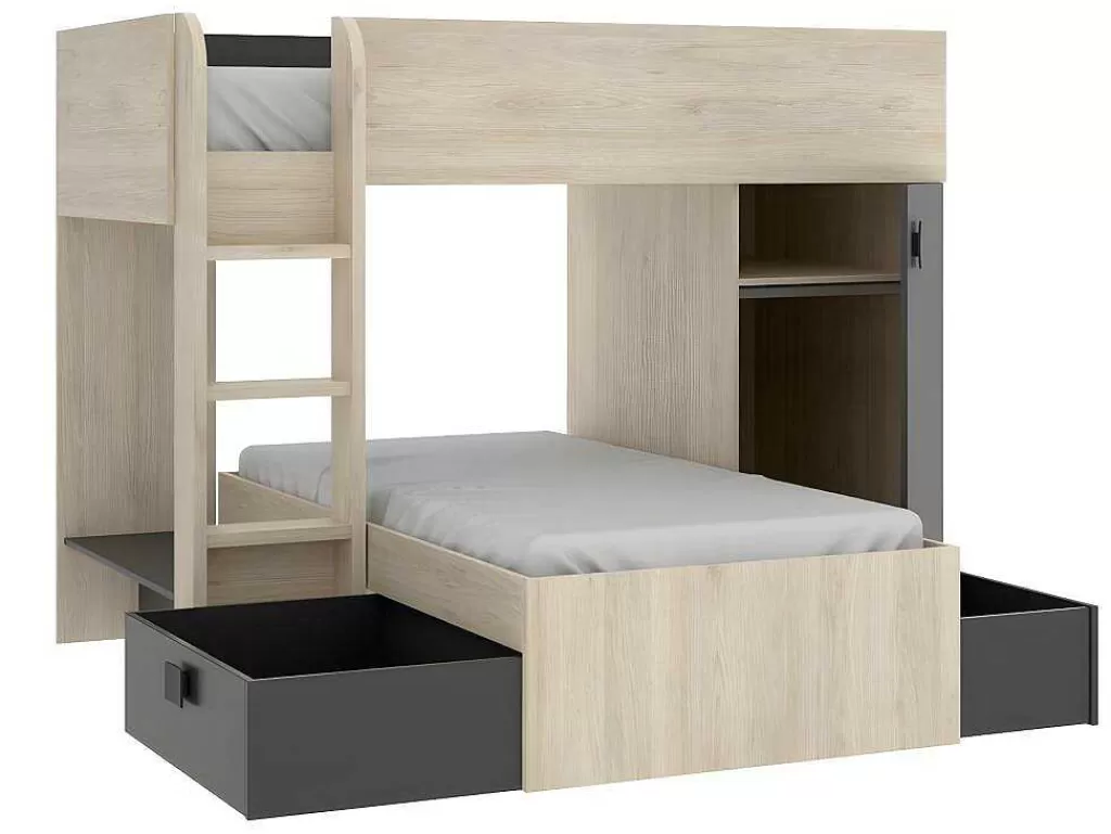 Beliche*Vente-unique Beliche Reversivel De 2 X 90 X 190 Cm Com Espacos De Arrumação Integrados Cor Carvalho E Antracite + Colchão - Ricardo