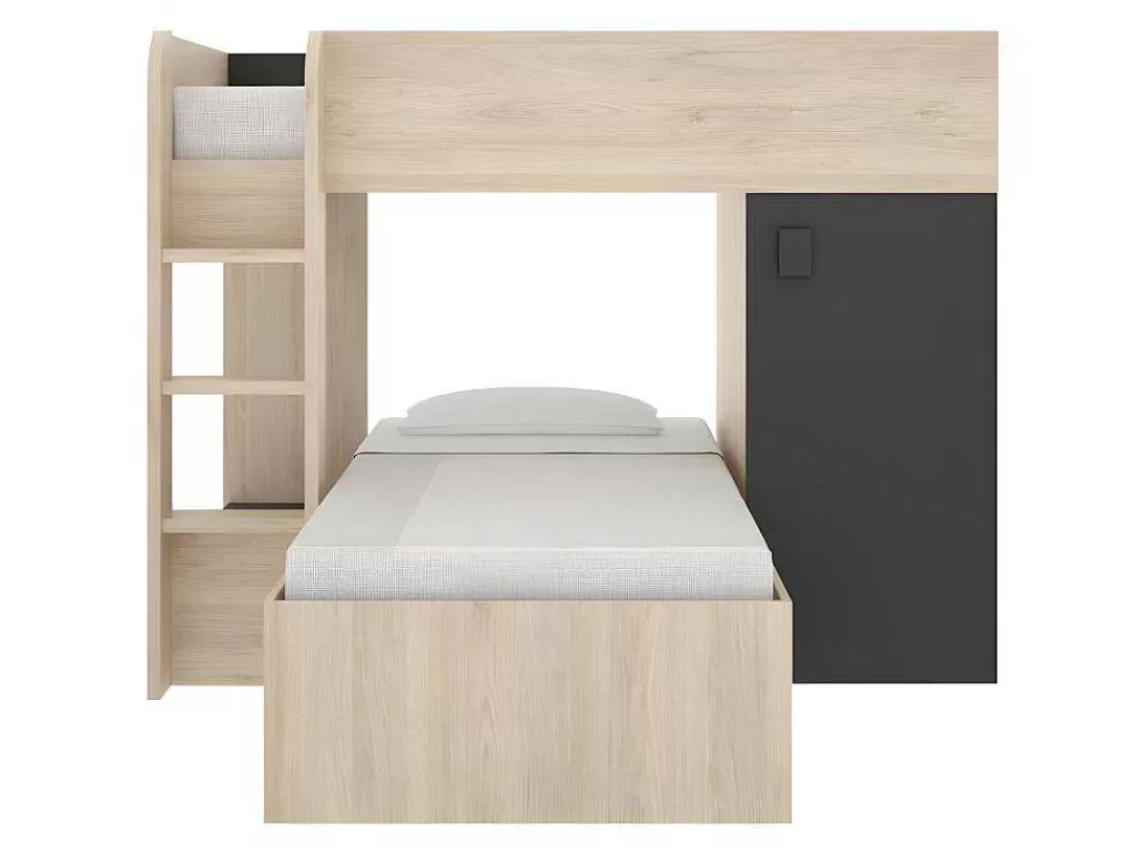 Beliche*Vente-unique Beliche Reversivel De 2 X 90 X 190 Cm Com Espacos De Arrumação Integrados Cor Carvalho E Antracite + Colchão - Ricardo