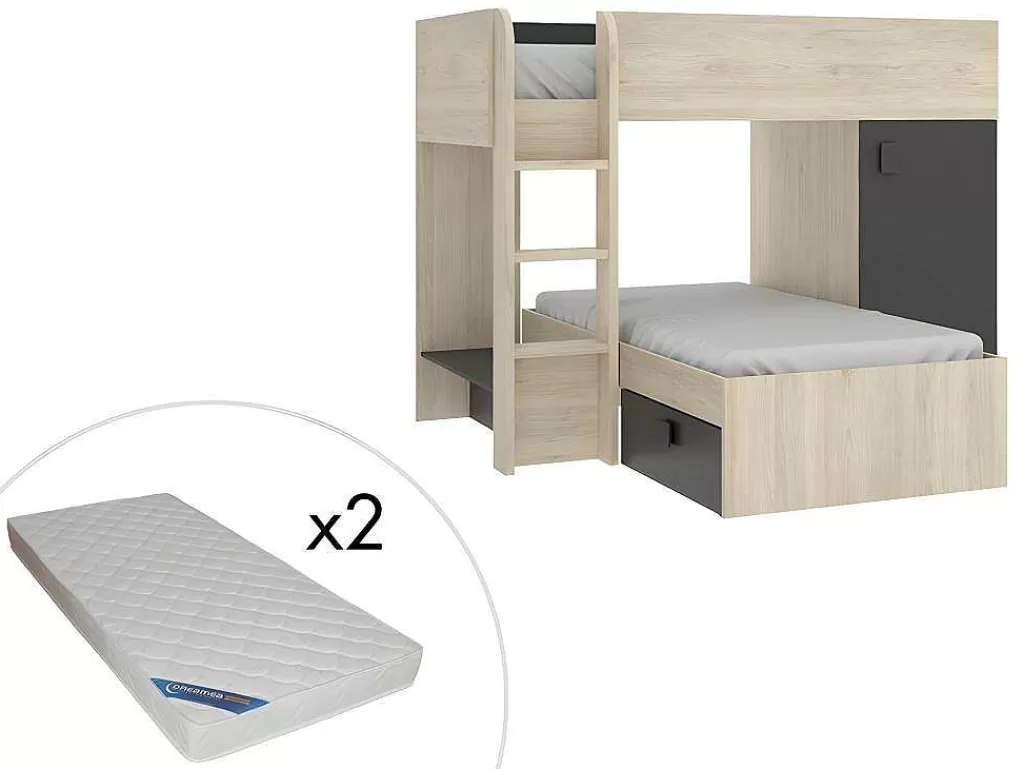 Beliche*Vente-unique Beliche Reversivel De 2 X 90 X 190 Cm Com Espacos De Arrumação Integrados Cor Carvalho E Antracite + Colchão - Ricardo
