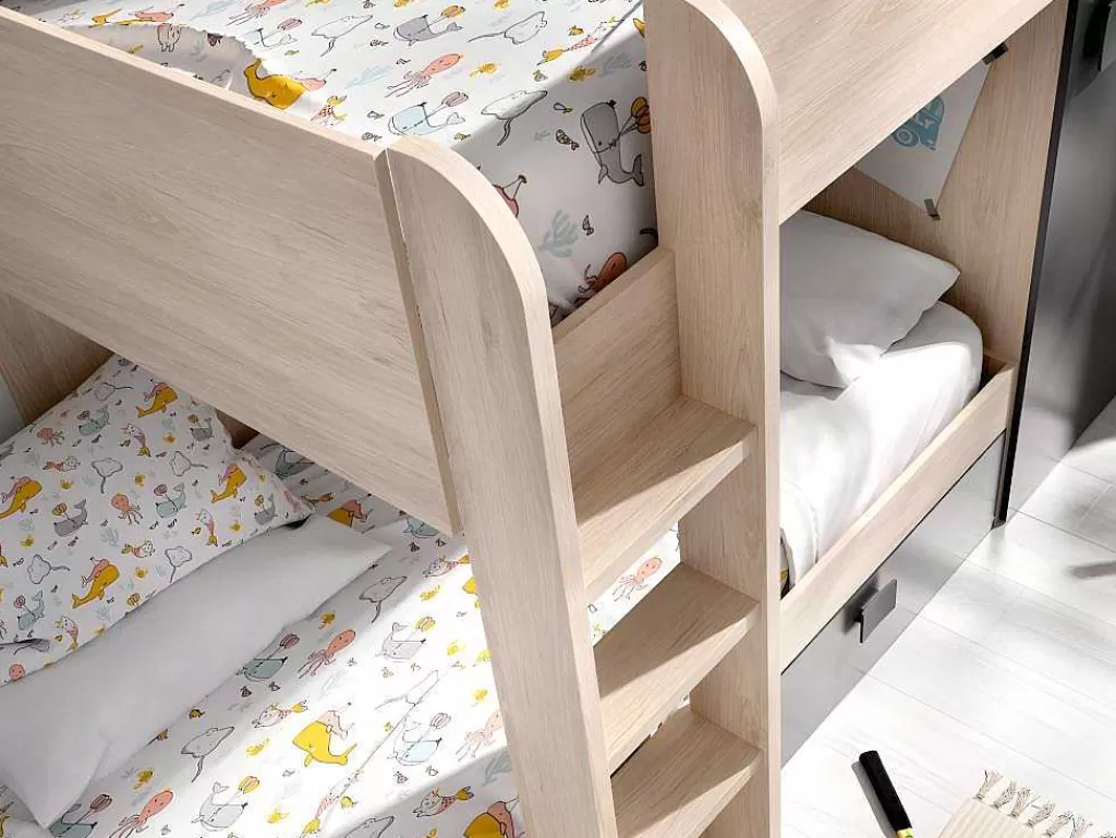 Beliche*Vente-unique Beliche Reversivel De 2 X 90 X 190 Cm Com Espacos De Arrumação Integrados Cor Carvalho E Antracite + Colchão - Ricardo