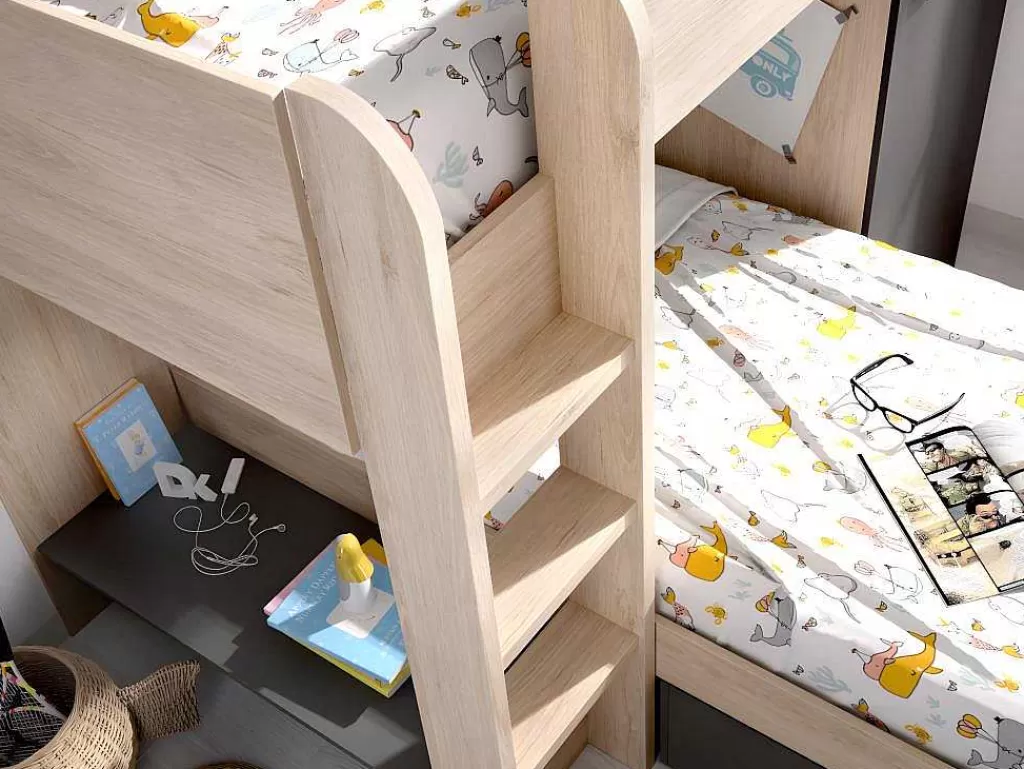 Beliche*Vente-unique Beliche Reversivel De 2 X 90 X 190 Cm Com Espacos De Arrumação Integrados Cor Carvalho E Antracite + Colchão - Ricardo