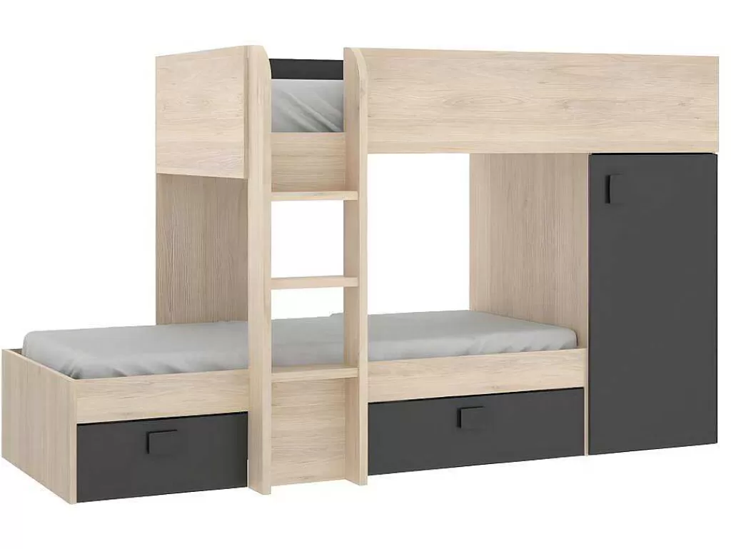 Beliche*Vente-unique Beliche Reversivel De 2 X 90 X 190 Cm Com Espacos De Arrumação Integrados Cor Carvalho E Antracite + Colchão - Ricardo