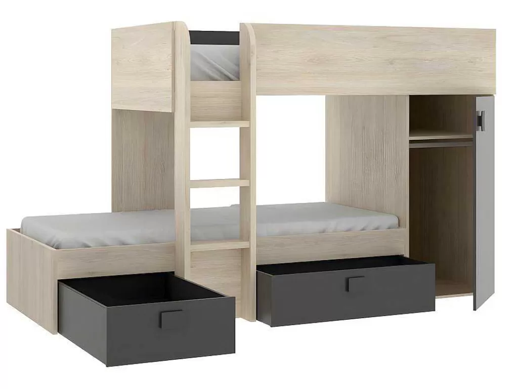 Beliche*Vente-unique Beliche Reversivel De 2 X 90 X 190 Cm Com Espacos De Arrumação Integrados Cor Carvalho E Antracite + Colchão - Ricardo