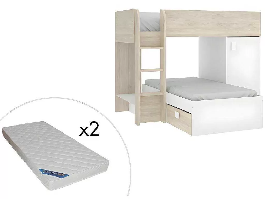 Cama De Criança*Vente-unique Beliche Reversivel De 2 X 90 X 190 Cm Com Espacos De Arrumação Integrados Cor Carvalho E Branco + Colchão - Ricardo