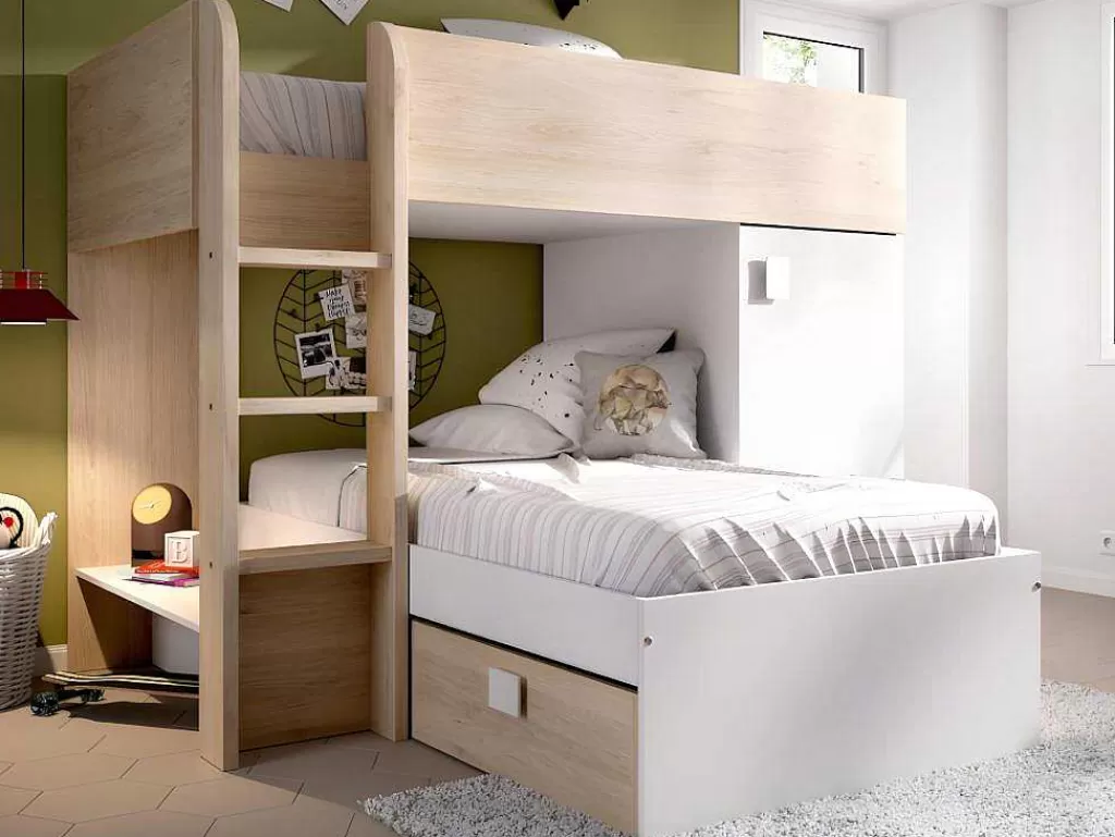 Cama De Criança*Vente-unique Beliche Reversivel De 2 X 90 X 190 Cm Com Espacos De Arrumação Integrados Cor Carvalho E Branco + Colchão - Ricardo