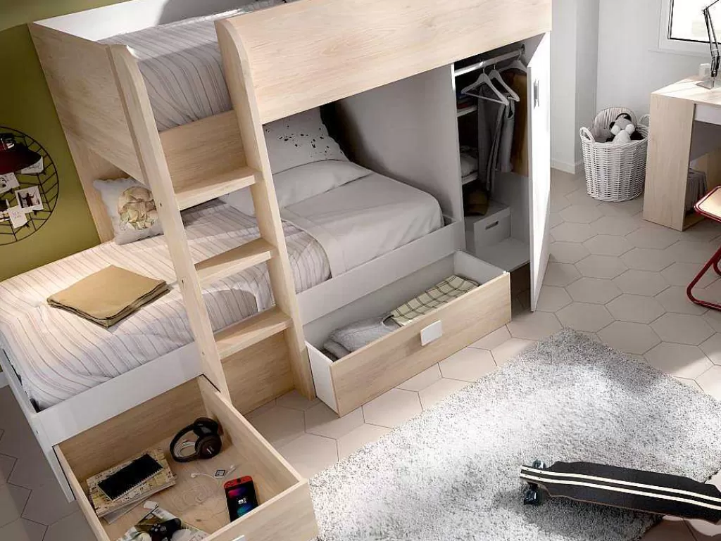 Cama De Criança*Vente-unique Beliche Reversivel De 2 X 90 X 190 Cm Com Espacos De Arrumação Integrados Cor Carvalho E Branco + Colchão - Ricardo