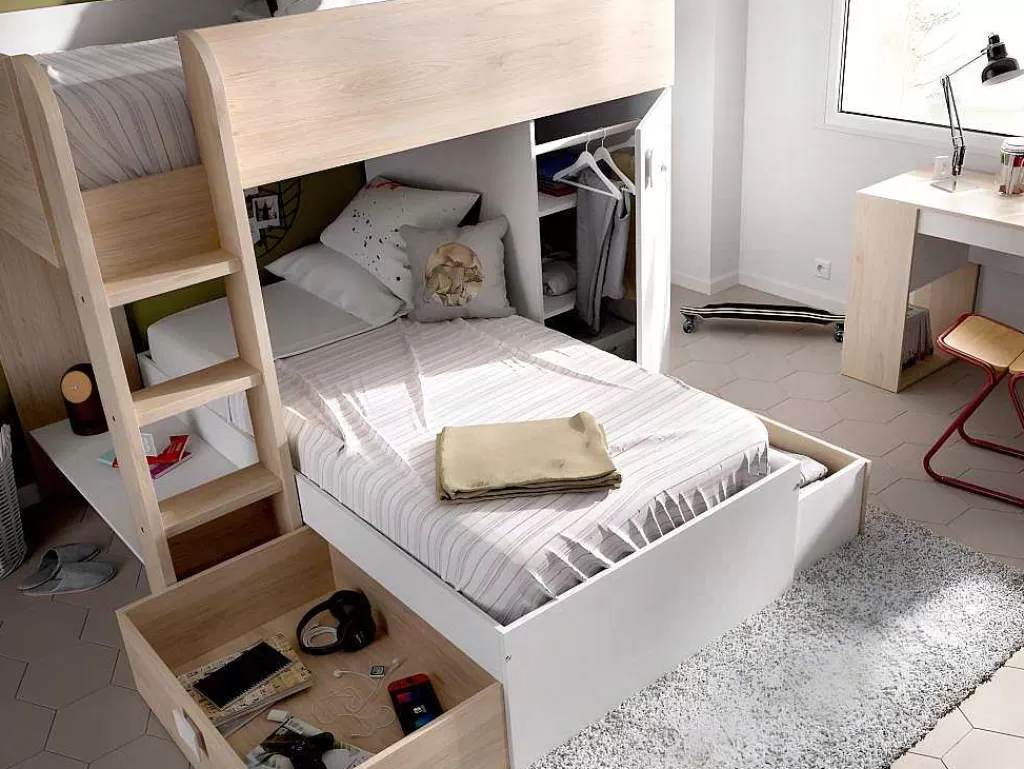 Cama De Criança*Vente-unique Beliche Reversivel De 2 X 90 X 190 Cm Com Espacos De Arrumação Integrados Cor Carvalho E Branco - Ricardo