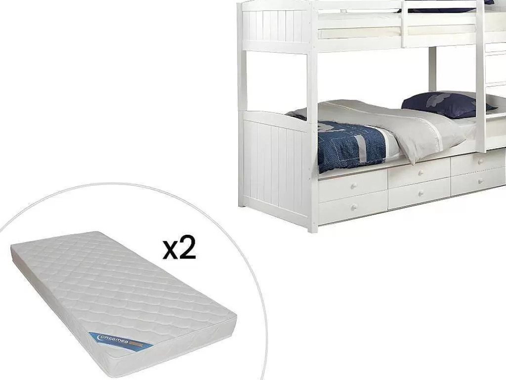 Beliche*Vente-unique Beliche Separavel De 2 X 90 X 190 Cm Com Espacos De Arrumação Em Pinho Branco + Colchão - Anchise Ii
