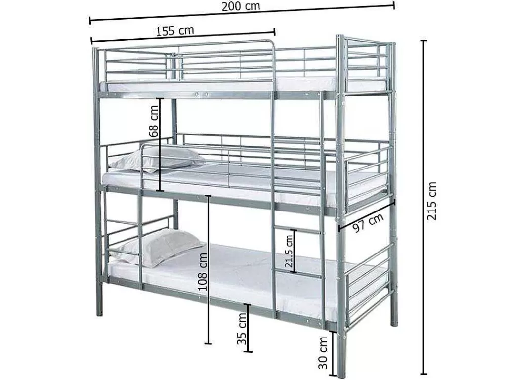 Cama De Adulto*Saldosystocks Beliche Triplo Com Estrutura Metalica Branca, 215X200X97Cm