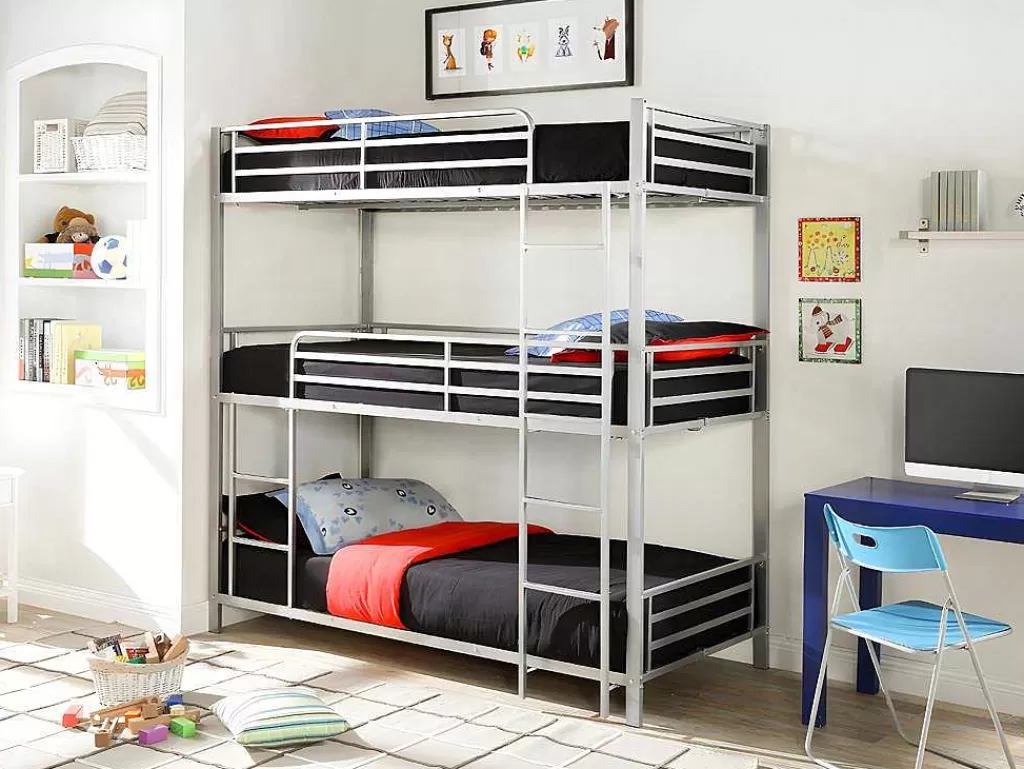Cama De Criança*Vente-unique Beliche Triplo De 3 X 90 X 190 Cm Em Metal Cor Prateado - Elouan Iii