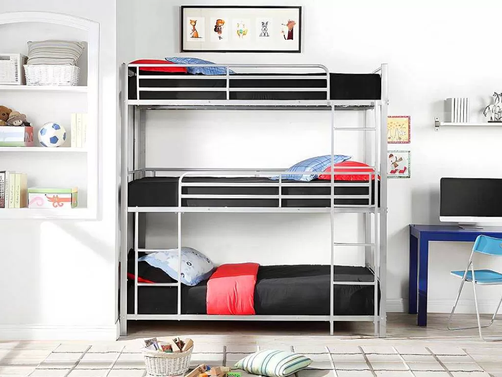 Cama De Criança*Vente-unique Beliche Triplo De 3 X 90 X 190 Cm Em Metal Cor Prateado - Elouan Iii