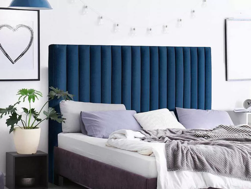 Cabeceira E Ponte De Cama*Vente-unique Cabeceira De Cama Com Costuras Verticais De 140 Cm Em Veludo Cor Azul-Escuro - Sarah