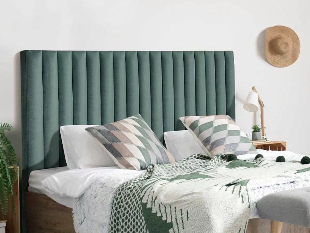 Cabeceira E Ponte De Cama*Vente-unique Cabeceira De Cama Com Costuras Verticais De 160 Cm Em Veludo Cor Verde Amendoa - Sarah