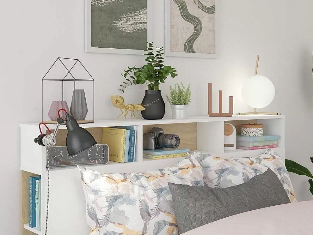 Cabeceira E Ponte De Cama*Vente-unique Cabeceira De Cama Com Espacos De Arrumação De 160 Cm Em Branco E Carvalho - Nastia