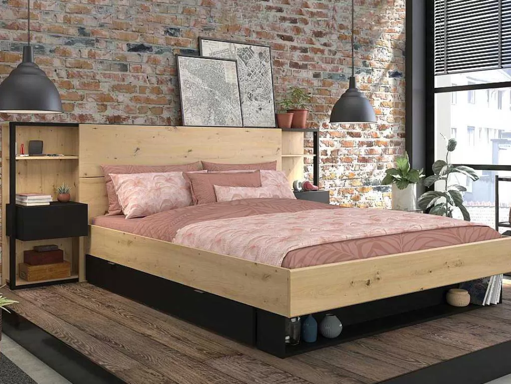 Cabeceira E Ponte De Cama*Vente-unique Cabeceira De Cama Com Mesas De Cabeceira De 160 Cm Cor Carvalho E Preto - Mista