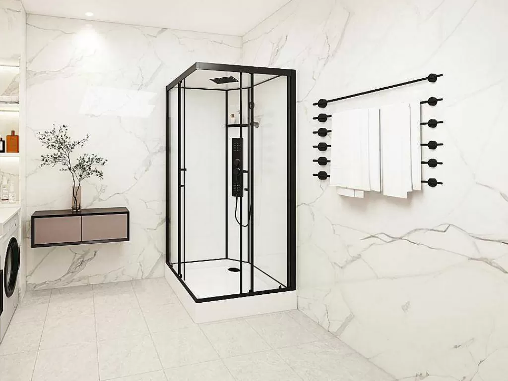 Cabine De Duche*Shower & Design Cabine De Duche De Hidromassagem Quadrada Preto Fosco E Branco C90 X L90 X A215 Cm - Tanito