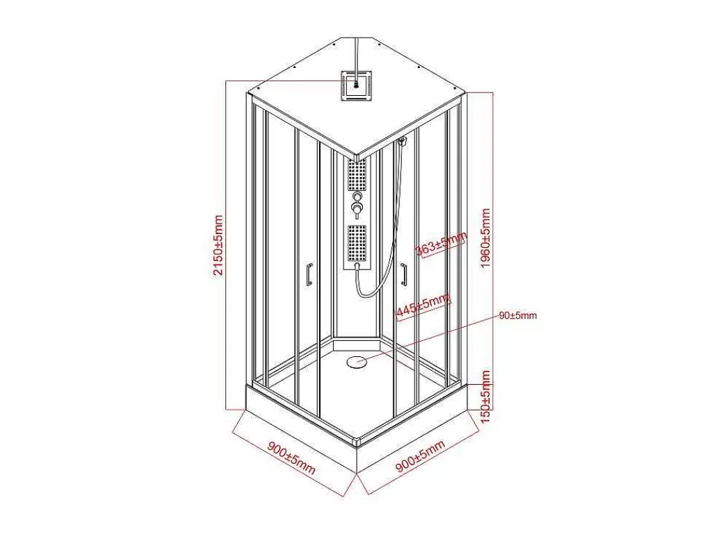 Cabine De Duche*Shower & Design Cabine De Duche De Hidromassagem Quadrada Preto Fosco E Branco C90 X L90 X A215 Cm - Tanito