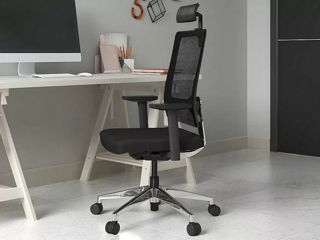 Cadeira De Escritório*Workēa Cadeira De Escritório Ergonomica Profissional Com Apoio De Cabeca Em Tecido Cor Preto - Wallstreet