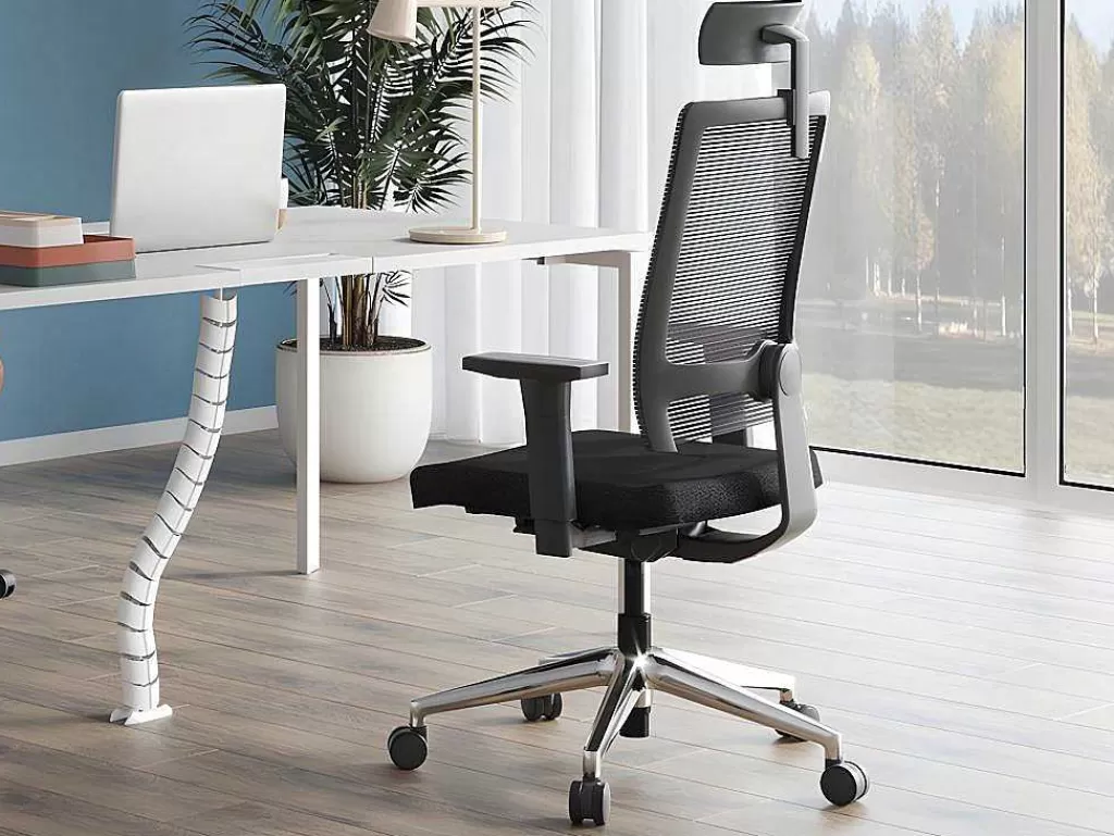 Cadeira De Escritório*Workēa Cadeira De Escritório Ergonomica Profissional Com Apoio De Cabeca Em Tecido Cor Preto - Wallstreet