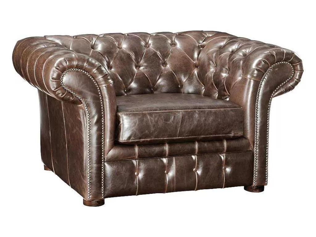 Poltrona Em Pele*Vente-unique Cadeirão 100% Pele Envelhecida Castanho Estilo Chesterfield - Clotaire