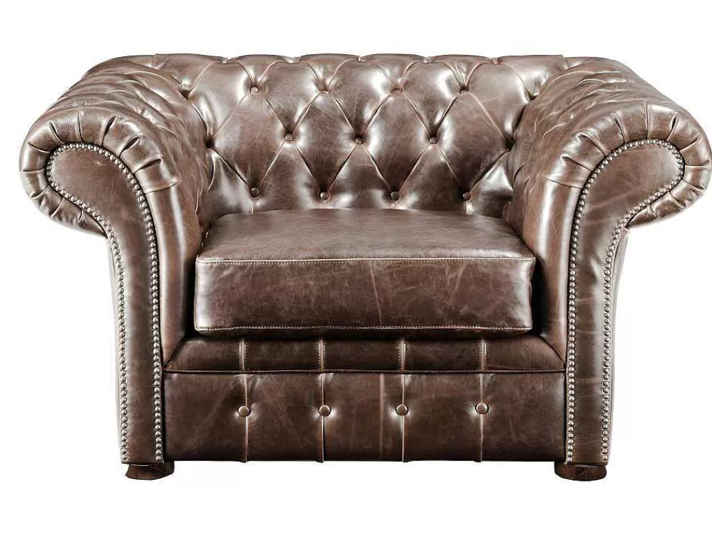 Poltrona Em Pele*Vente-unique Cadeirão 100% Pele Envelhecida Castanho Estilo Chesterfield - Clotaire